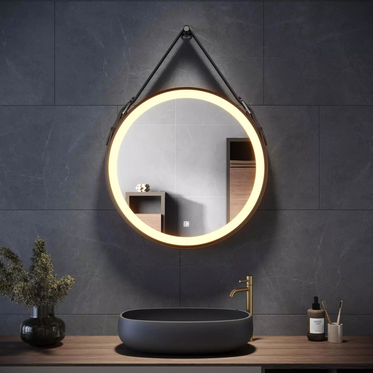 Velora Round 600mm LED Mirror with Black Leather Strap – Tri - Colour Light, Dimmable, Touch Sensor, Memory Function - TILES Paradise