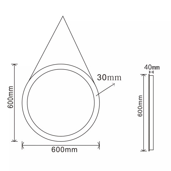 Velora Round 600mm Mains Powered LED Mirror with Leather Strap – Warm White Light, Demister, Touch Sensor