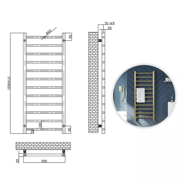 Velora Round Designer Gold Heated Towel Rail 1200x500mm – Wall-Mounted Radiator