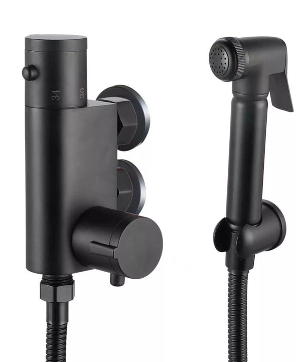 Velora Thermostatic Bidet Douche Spray Kit – Matt Black Brass Shattaf Handheld with Hose & Wall