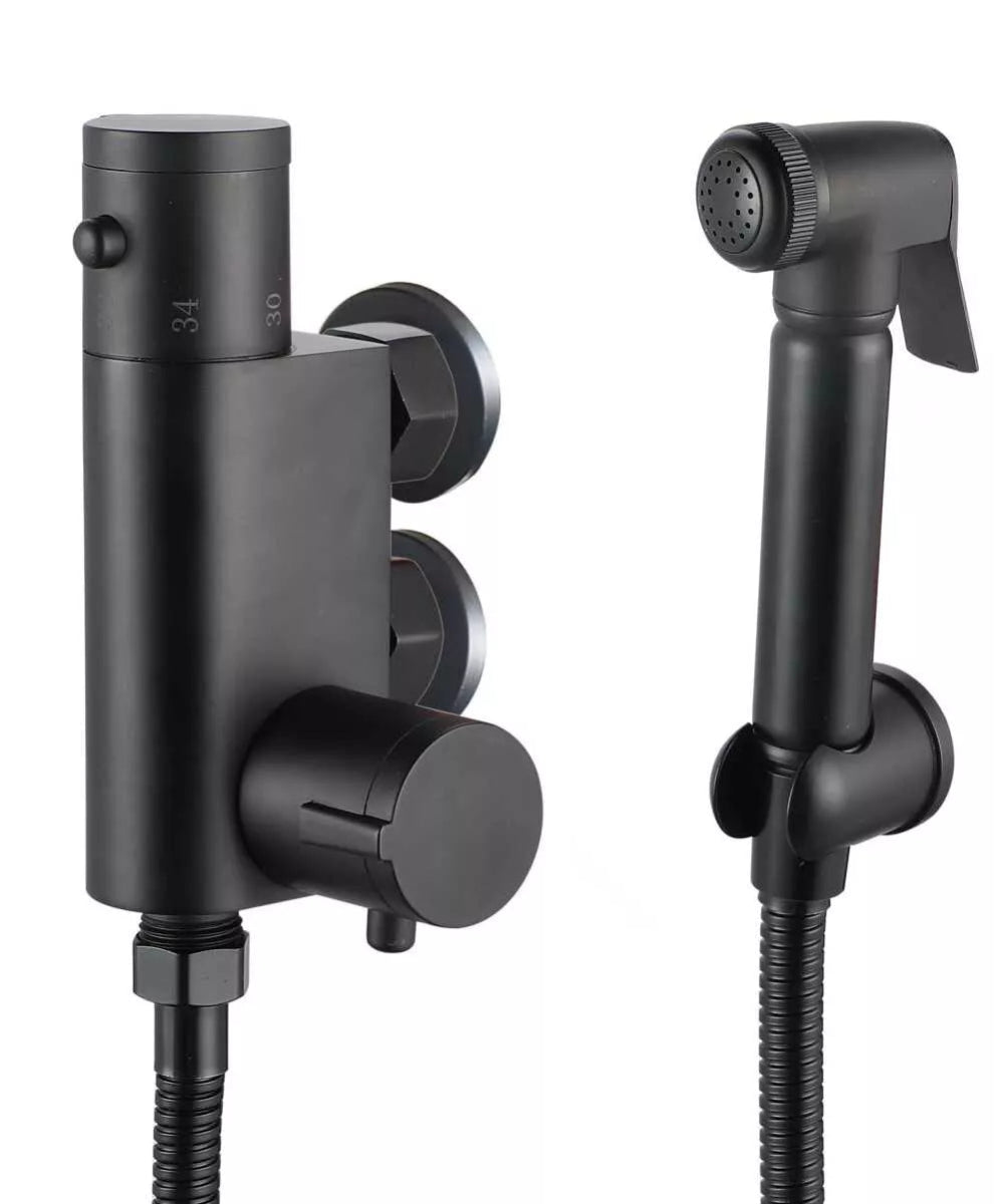 Velora Thermostatic Bidet Douche Spray Kit – Matt Black Brass Shattaf Handheld with Hose & Wall - TILES Paradise
