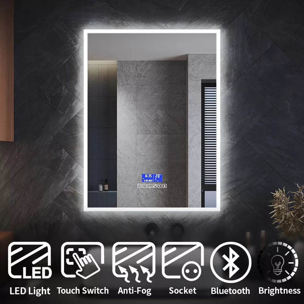 Velora VisionSync 600x800mm LED Mirror – Time, Date & Temperature Display, Bluetooth, Shaver Socket, Cold White Light, Touch Sensor - TILES Paradise