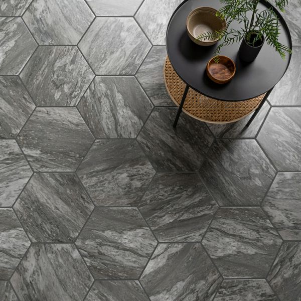 Bardiglio Satin Grey Hex Marble Effect Porcelain 285x300mm Tile