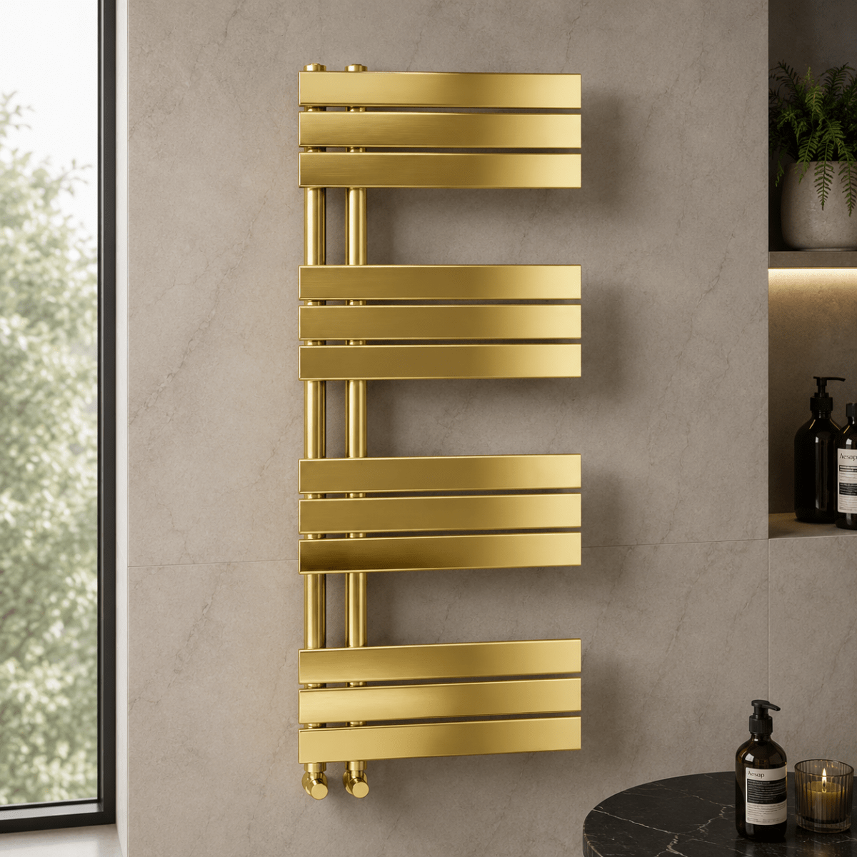 Verano 1200x500mm Brushed Gold Heated Towel Rail – 12 Bar Ladder Radiator, Central Connection - TILES Paradise
