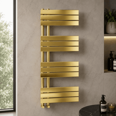 Verano 1200x500mm Brushed Gold Heated Towel Rail – 12 Bar Ladder Radiator, Central Connection - TILES Paradise