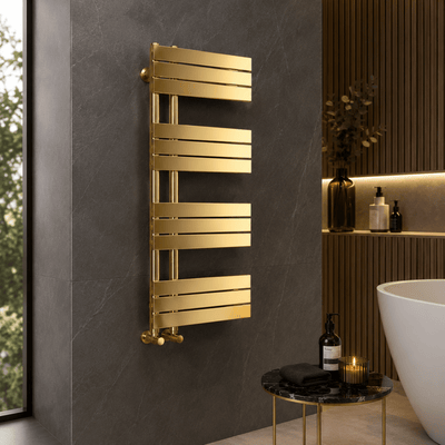 Verano 1200x500mm Brushed Gold Heated Towel Rail – 12 Bar Ladder Radiator, Central Connection - TILES Paradise