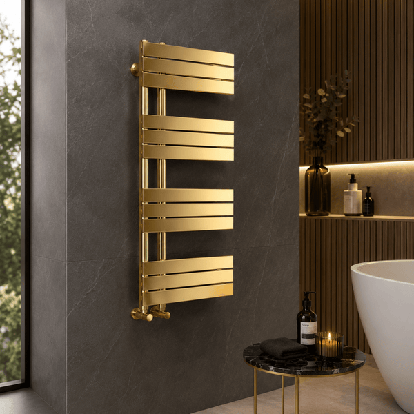 Verano 1200x500mm Brushed Gold Heated Towel Rail – 12 Bar Ladder Radiator, Central Connection - TILES Paradise