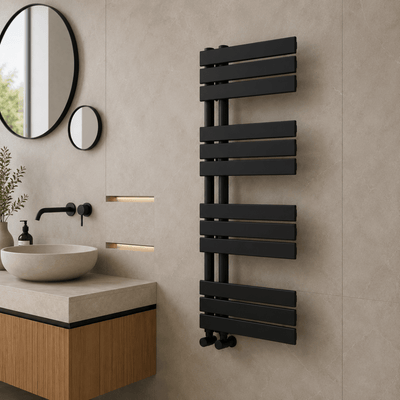 Verano 1200x500mm Matt Black Heated Towel Rail – 12 Bar Ladder Radiator, Central Connection - TILES Paradise