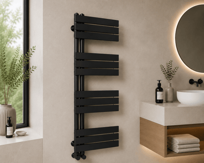 Verano 1200x500mm Matt Black Heated Towel Rail – 12 Bar Ladder Radiator, Central Connection - TILES Paradise