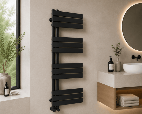 Verano 1200x500mm Matt Black Heated Towel Rail – 12 Bar Ladder Radiator, Central Connection