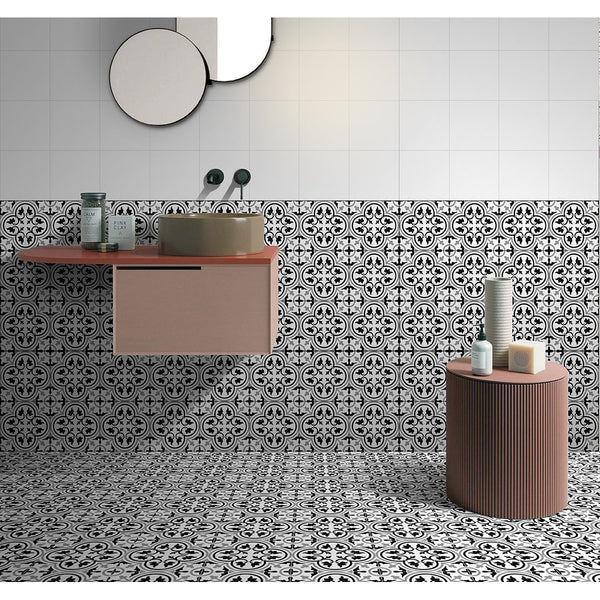 Victorian Classic Black Matt 20x20cm Patterned Porcelain Wall & Floor Tiles
