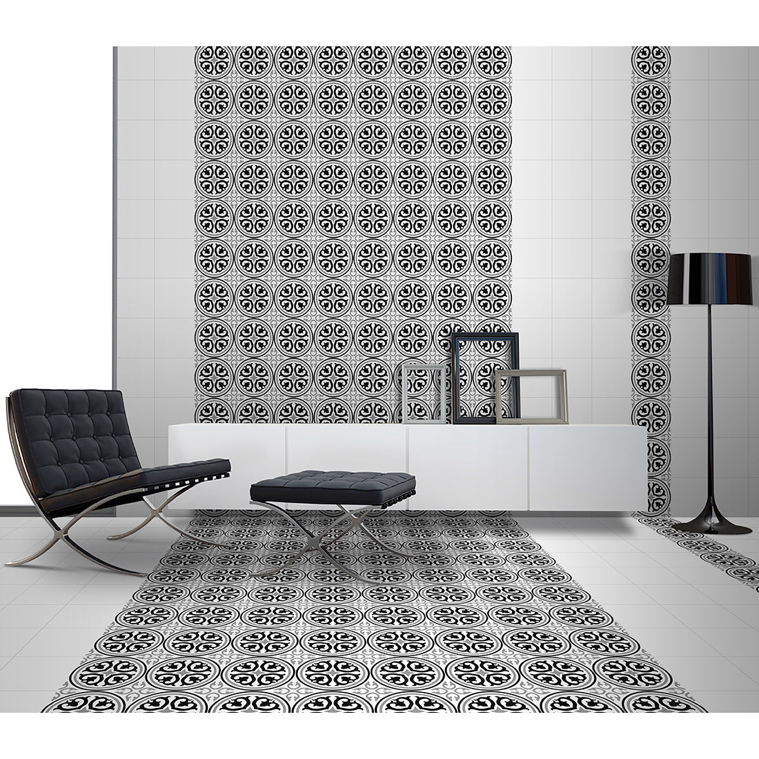 Victorian Crest Black Matt 20x20cm Patterned Porcelain Wall & Floor Tiles