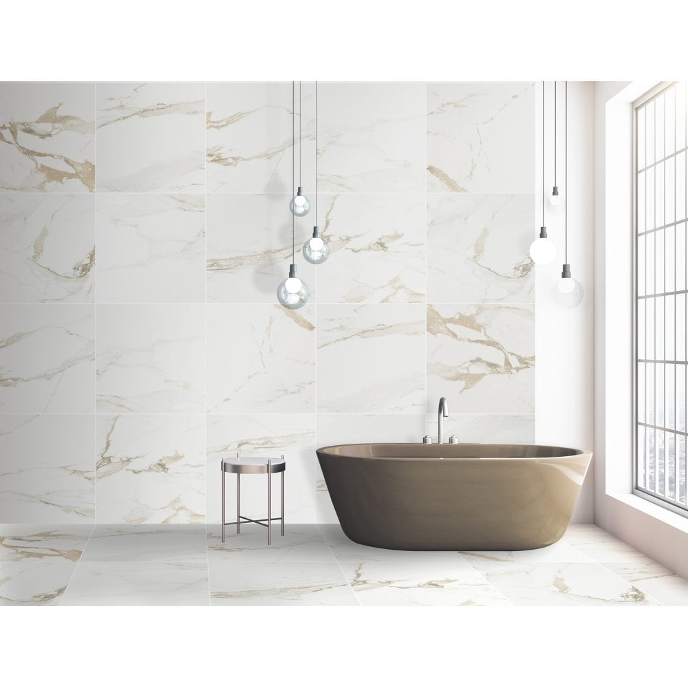 Power Gold Polished 60x60cm Marble Effect Tiles Kitchen Bathroom Floor and Wall - TILES Paradise